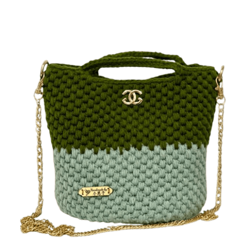 crochet handbags with metal logo tags