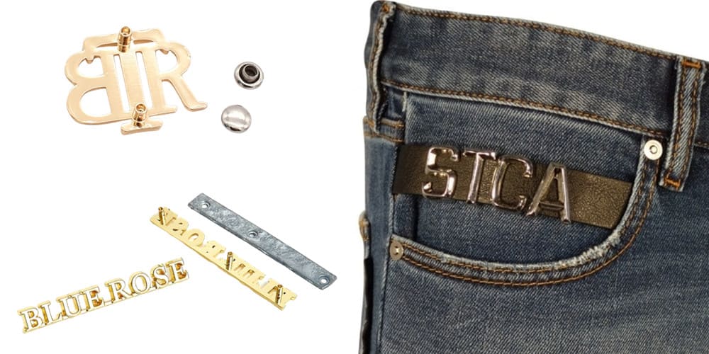 custom metal tags with rivets to mount on jeans